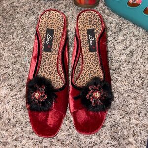 Baci vintage Red Velvet Slip-On Mules with Black Fur Accent